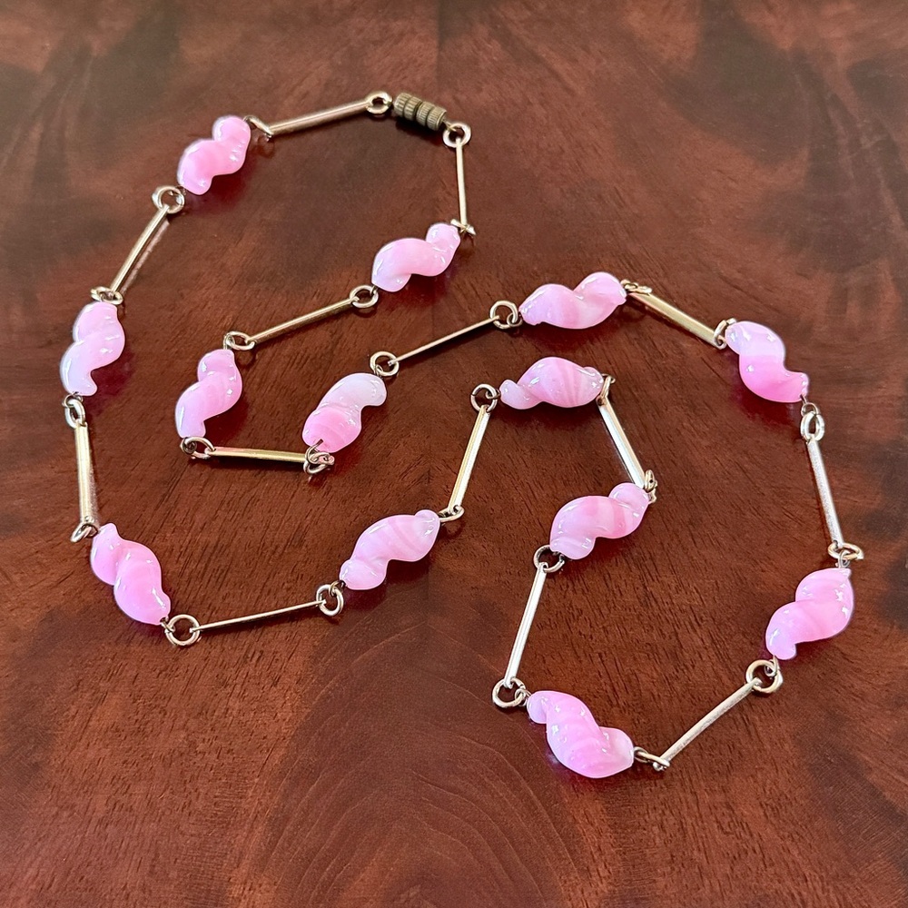 Vintage 1930’s Lampwork Beaded Station Necklace; Pink & White Swirl; Gold Tone